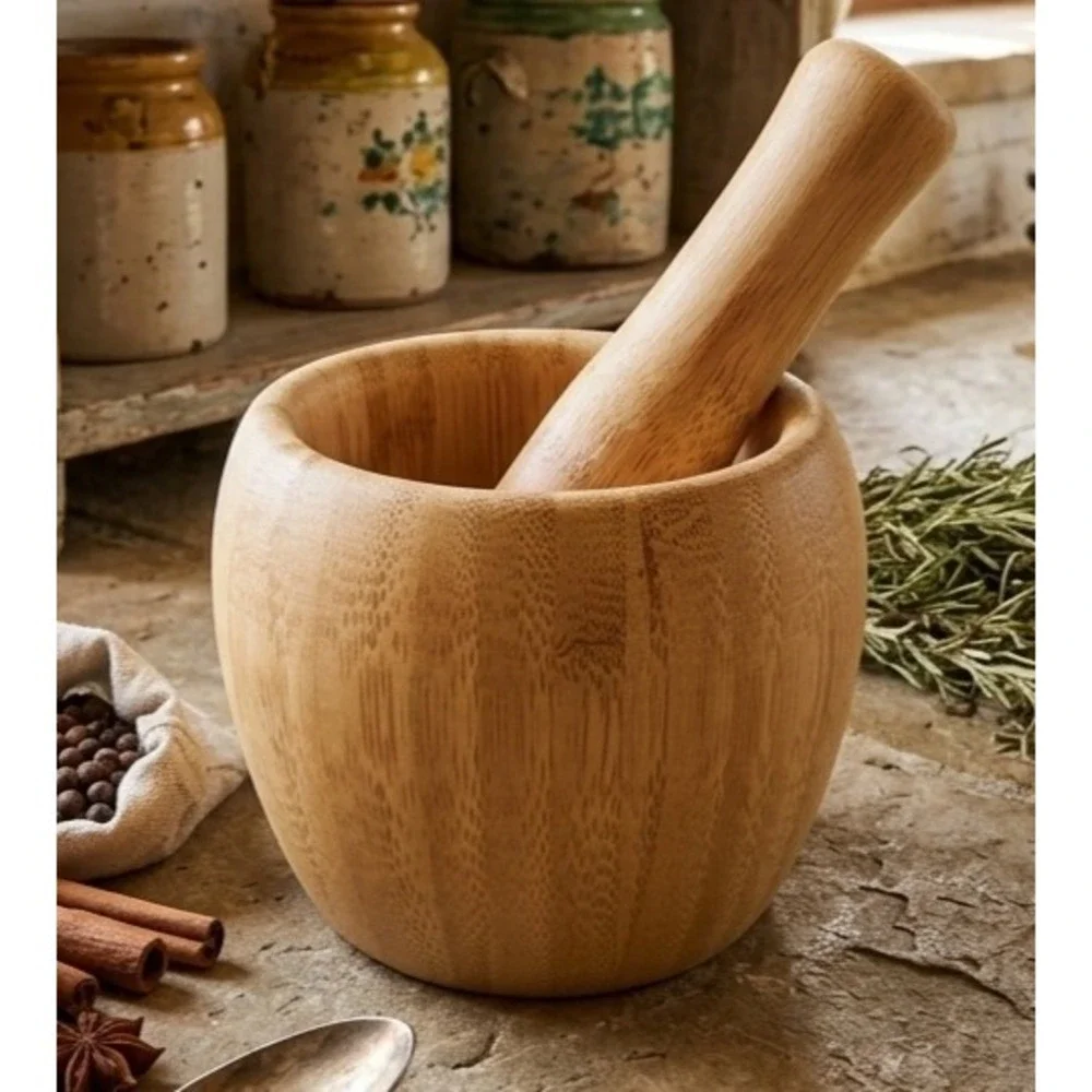 Natural Bamboo Mortar Pestle‎ Set Herb Spice Grinder Eco Friendly Kitche